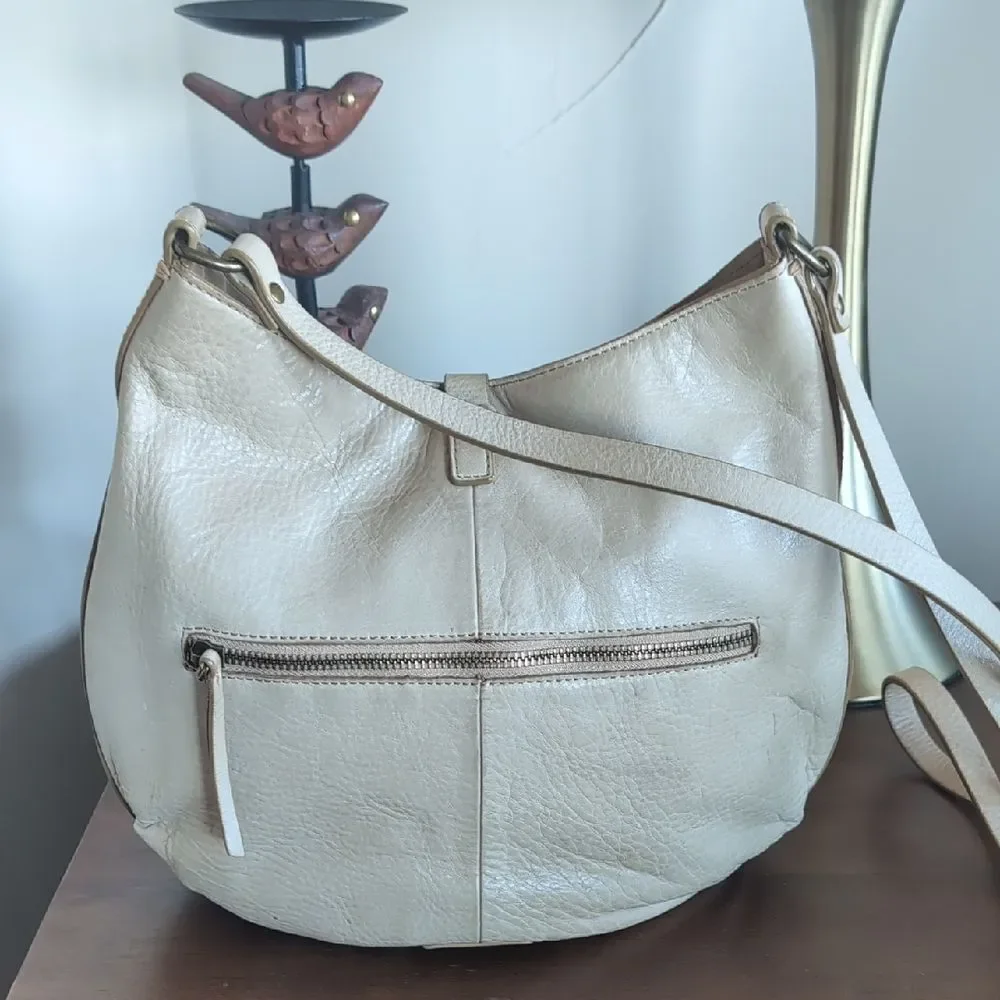 Lucky Brand Cream Colored Leather With Brass Ring/Tassel Crossbody Bag